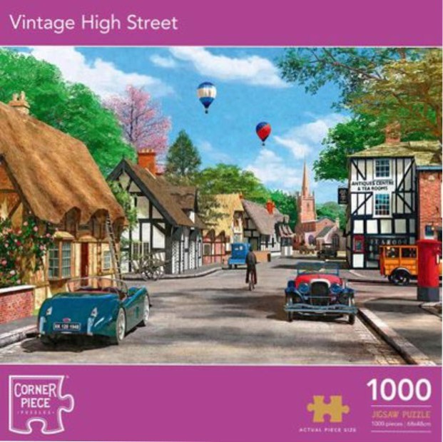 Illustration of a quaint English high street with vintage cars, thatched cottages, and hot air balloons.