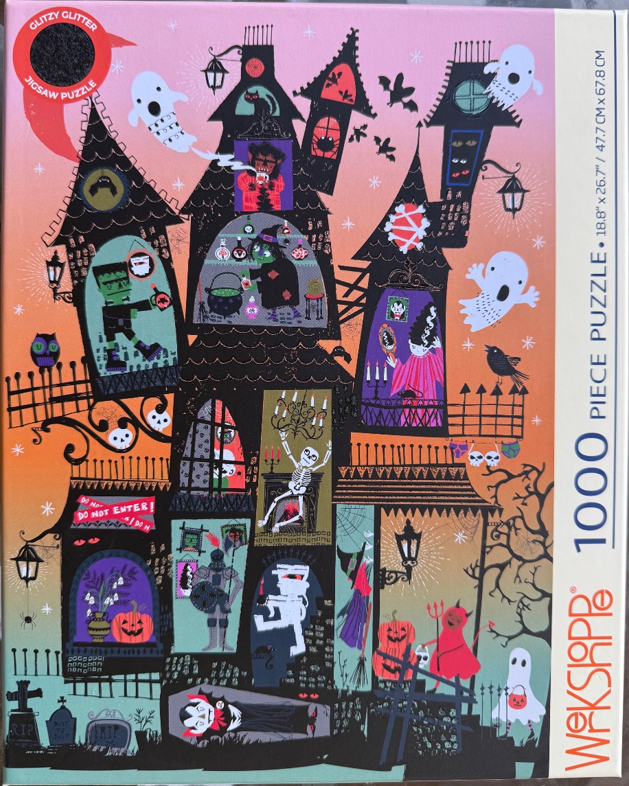A whimsical illustration of a haunted house filled with classic monsters against a pink and orange gradient sky.