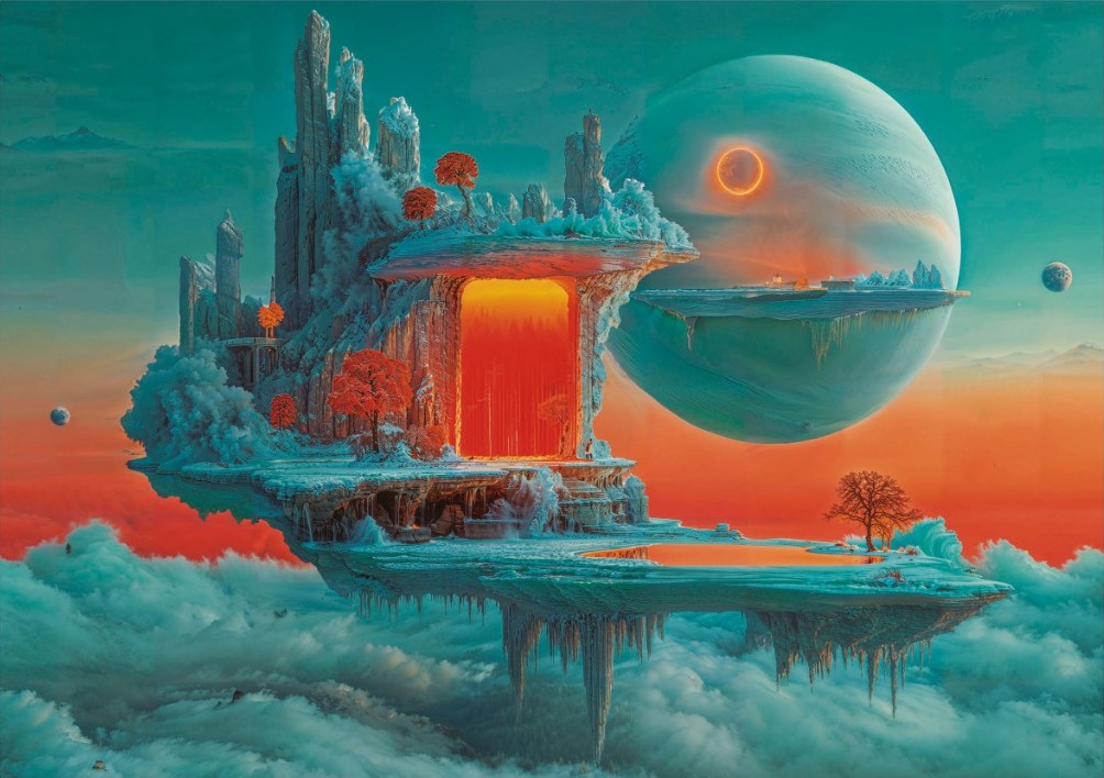 A surreal floating island with a glowing orange portal and icy spires beneath a giant teal planet.
