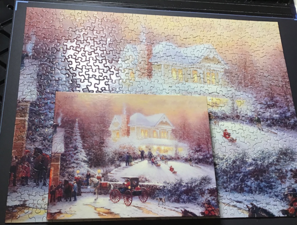 A nostalgic winter scene featuring a Victorian house, horse-drawn carriage, and people playing in the snow.
