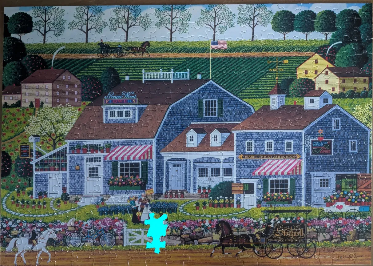 A folk art painting of a charming country florist shop with a horse-drawn carriage and garden.