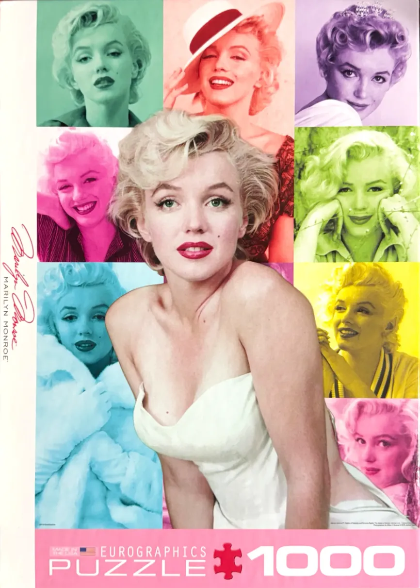 A collage of multiple vintage photographs of Marilyn Monroe in varying monochromatic color tints.