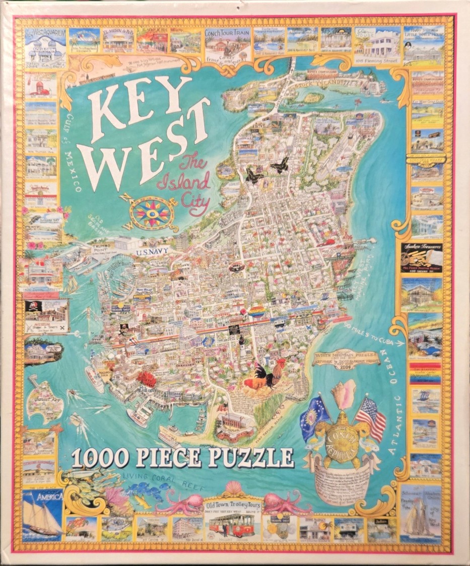 A vibrant illustrated map of Key West, Florida, surrounded by a decorative border of vignettes featuring local landmarks.