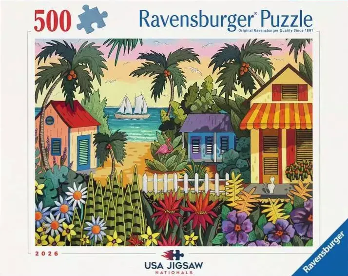 An illustration of a tropical beach scene with colorful cottages, palm trees, a flamingo, and vibrant flowers.