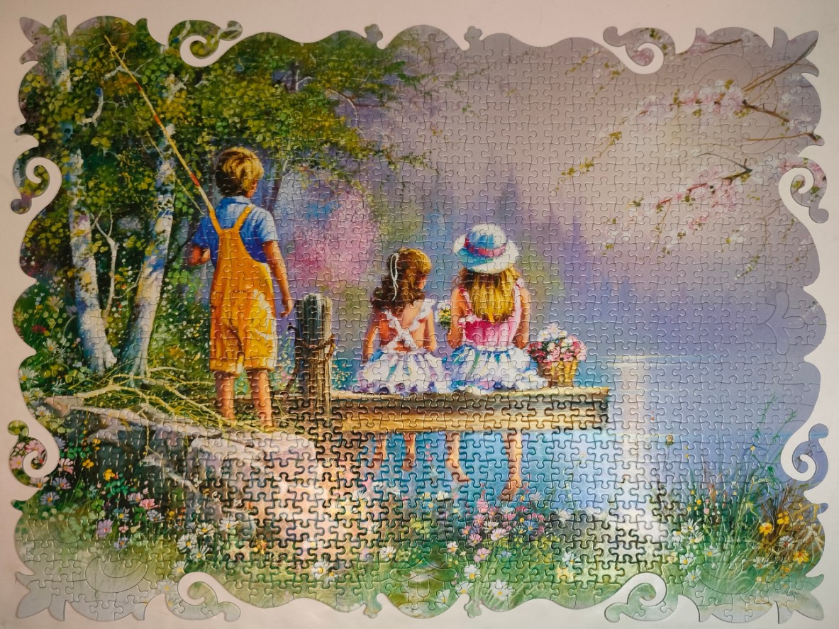 Children fishing from a wooden dock by a misty lake in an impressionistic illustration style.