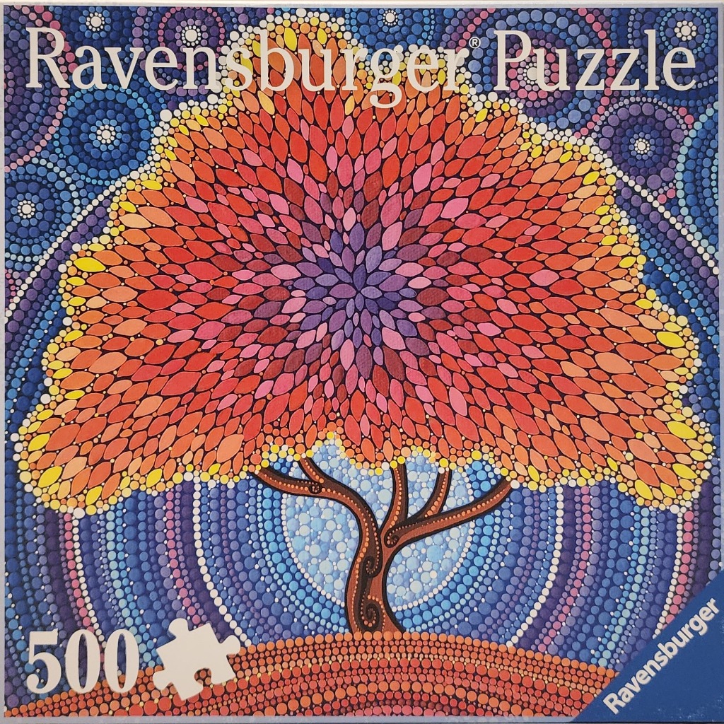 A stylized tree with a dense, multi-colored canopy of leaf-shaped petals against a vibrant, dotted blue background.
