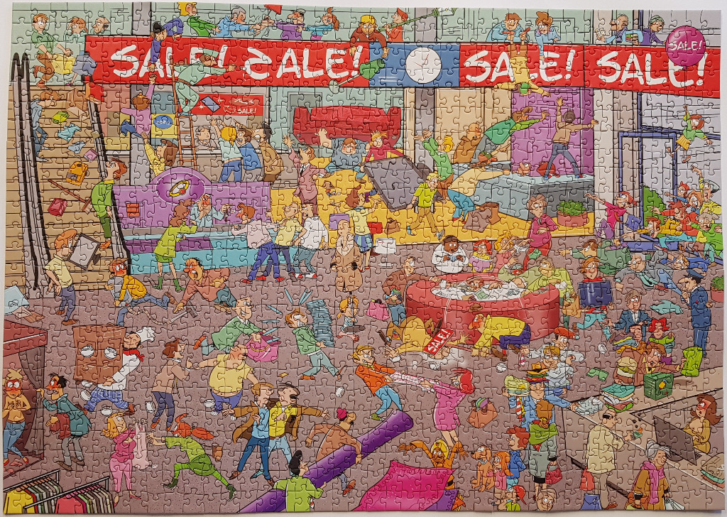 A chaotic, humorous cartoon scene of a crowded department store sale with many shoppers scrambling for goods.