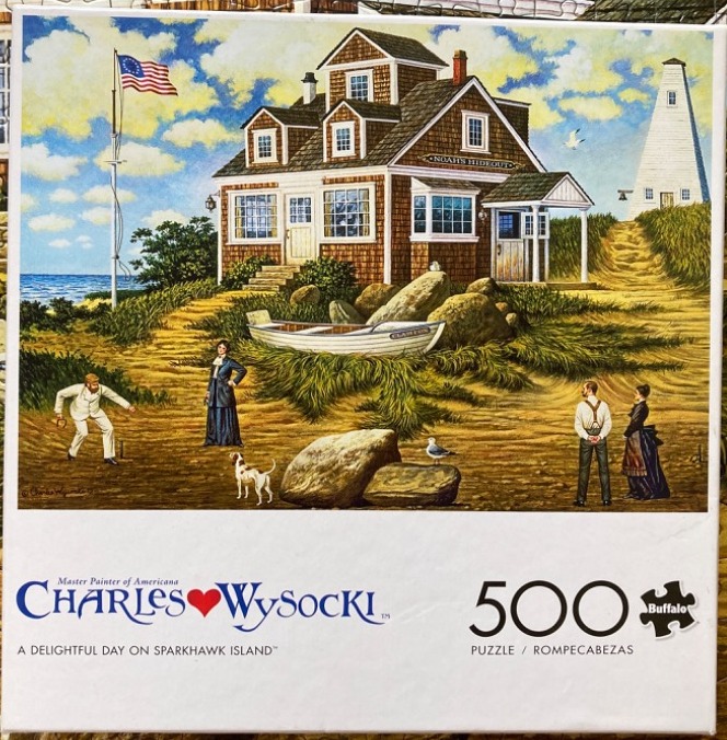 Nostalgic illustration of a seaside cottage, a rowboat on dunes, and four figures playing lawn games.