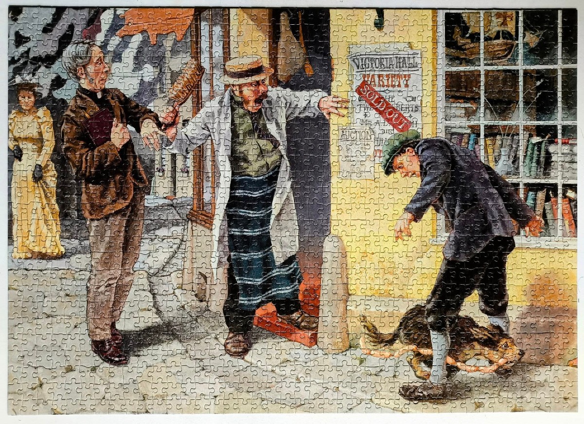 An illustration of a chaotic street scene featuring a butcher, a clergyman, a boy, and a dog stealing sausages.