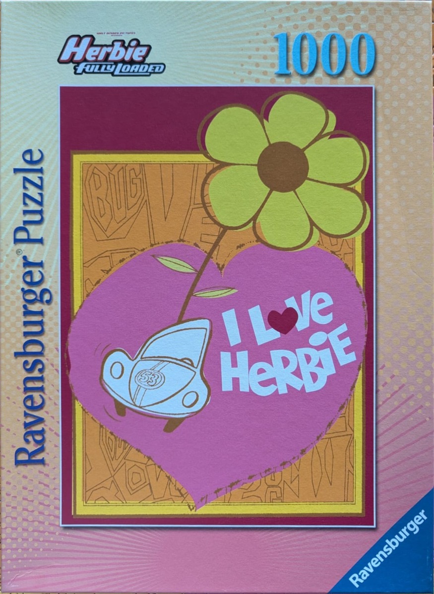 Cartoon graphic of a white Volkswagen Beetle with a flower and the text I Love Herbie.