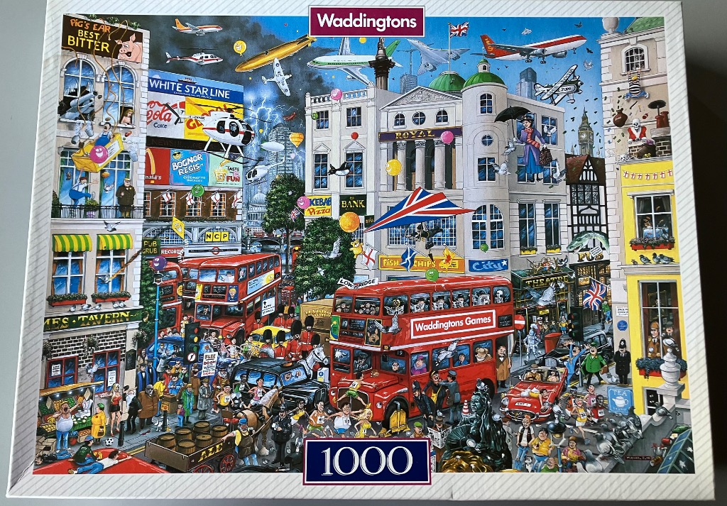 Busy, detailed cartoon illustration of a bustling London street scene filled with iconic landmarks and characters.
