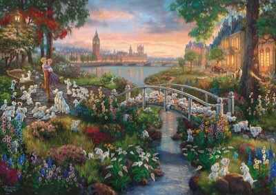 A romantic scene in a London park with a couple and many spotted puppies, set against a sunset view of Big Ben.
