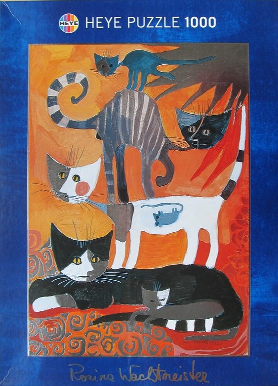 A whimsical painting by Rosina Wachtmeister depicting a vertical stack of six stylized, expressive cats.