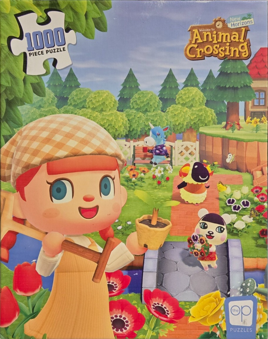 Cartoon characters in a lush garden setting with a bridge and flowerbeds.