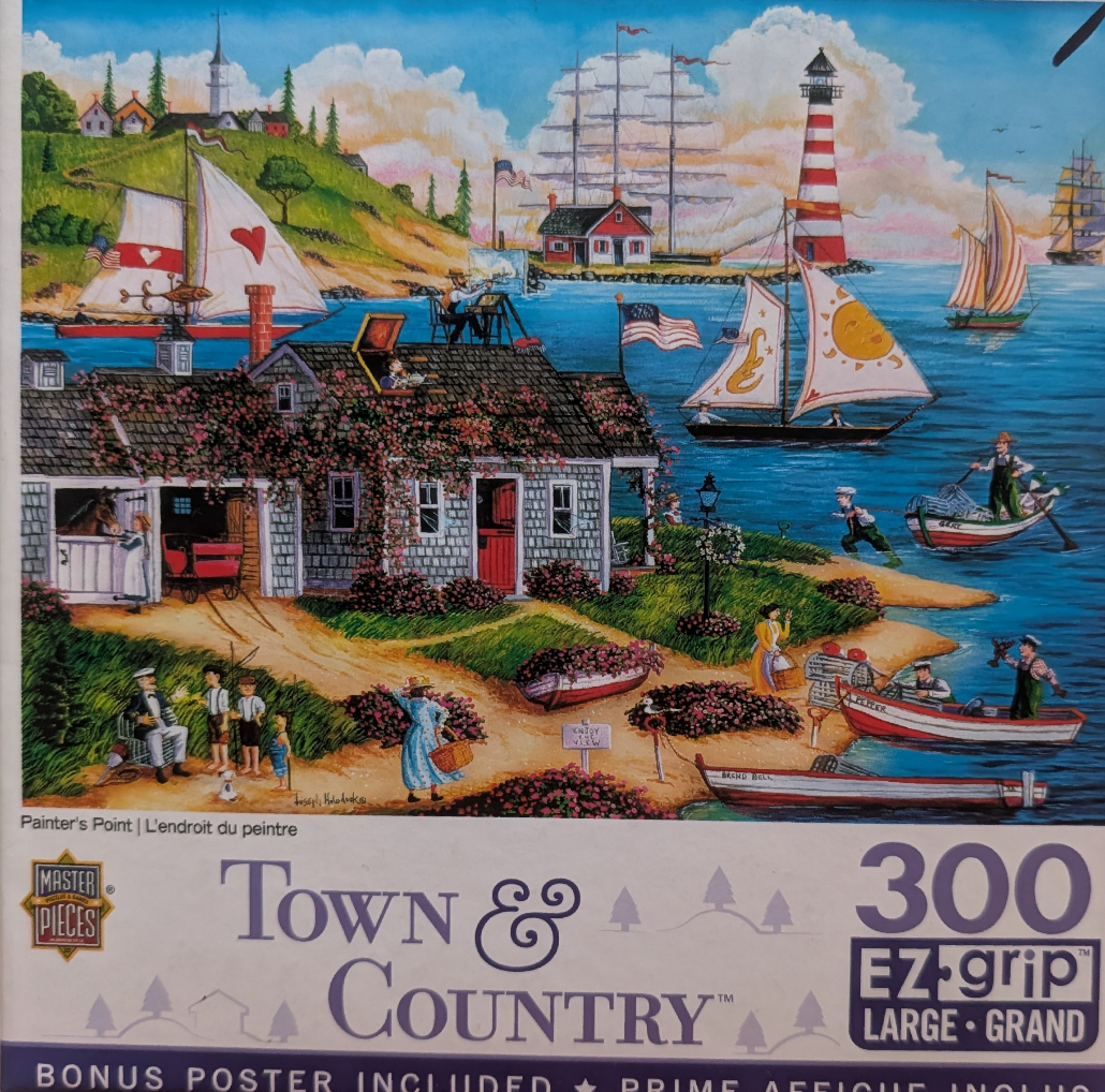 A whimsical nautical scene with a cottage, sailboats, a lighthouse, and people enjoying a seaside day.