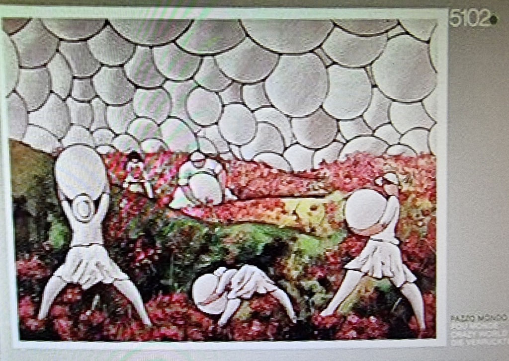 Four figures in white attire harvesting round white orbs in a vibrant, textured flower field under a bubble-patterned sky.