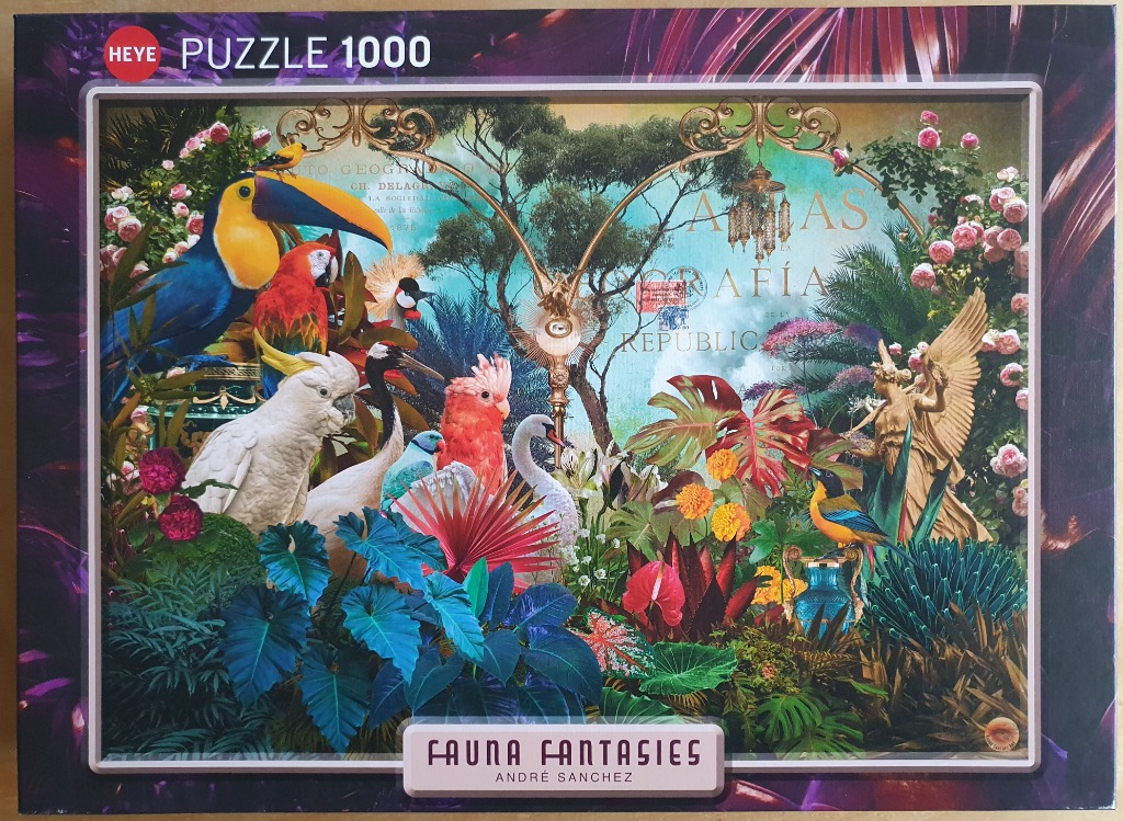 A lush digital collage featuring diverse exotic birds, tropical flora, and neoclassical elements against a map background.