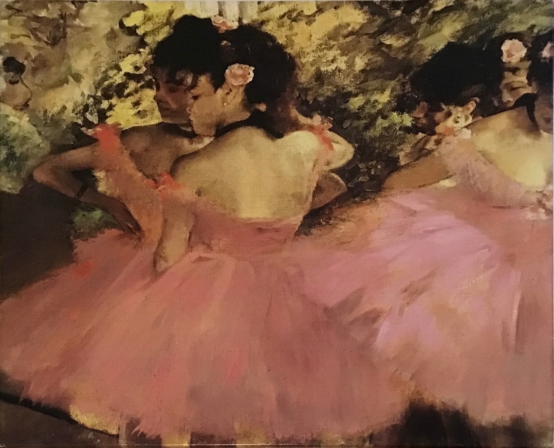 An impressionist oil painting of three ballet dancers in pink tutus standing in a group against a blurred background.