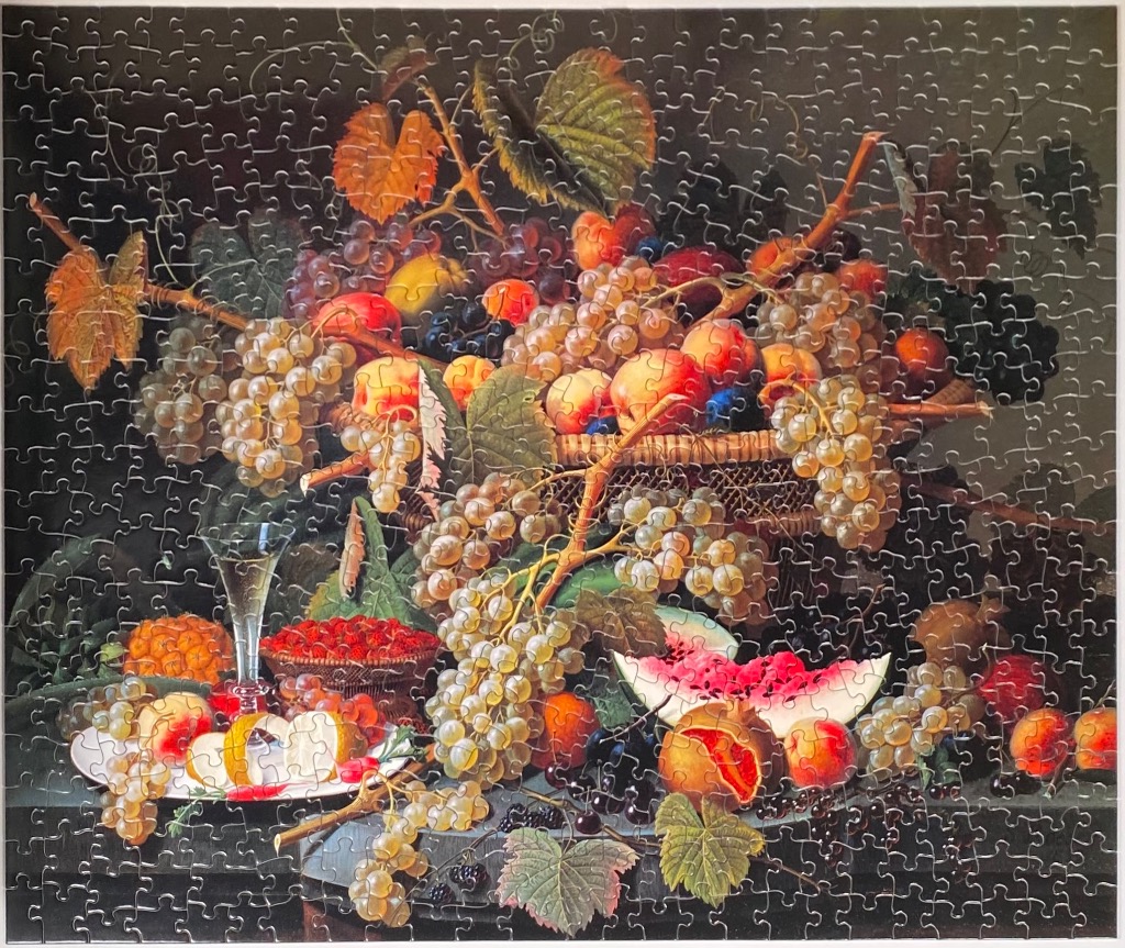 A lush still life painting of overflowing baskets of grapes, assorted summer fruits, and a crystal glass on a table.