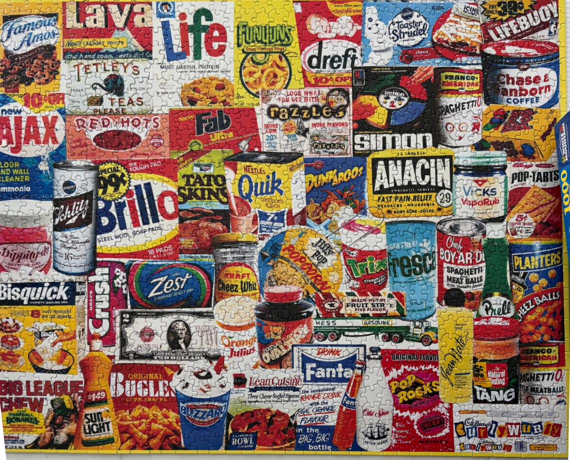 A collage of vintage American product logos and advertising packaging.