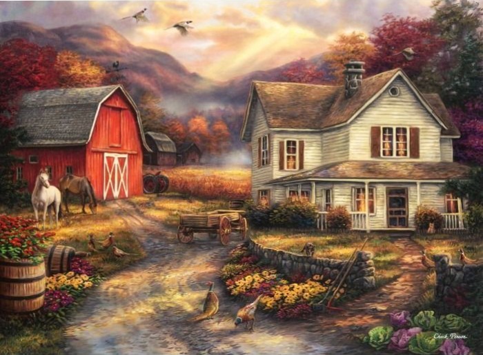 A countryside scene featuring a farmhouse, a red barn, and horses at sunset.