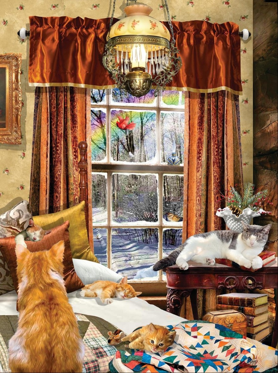 A cozy room with several cats resting near a window overlooking a snowy winter scene.