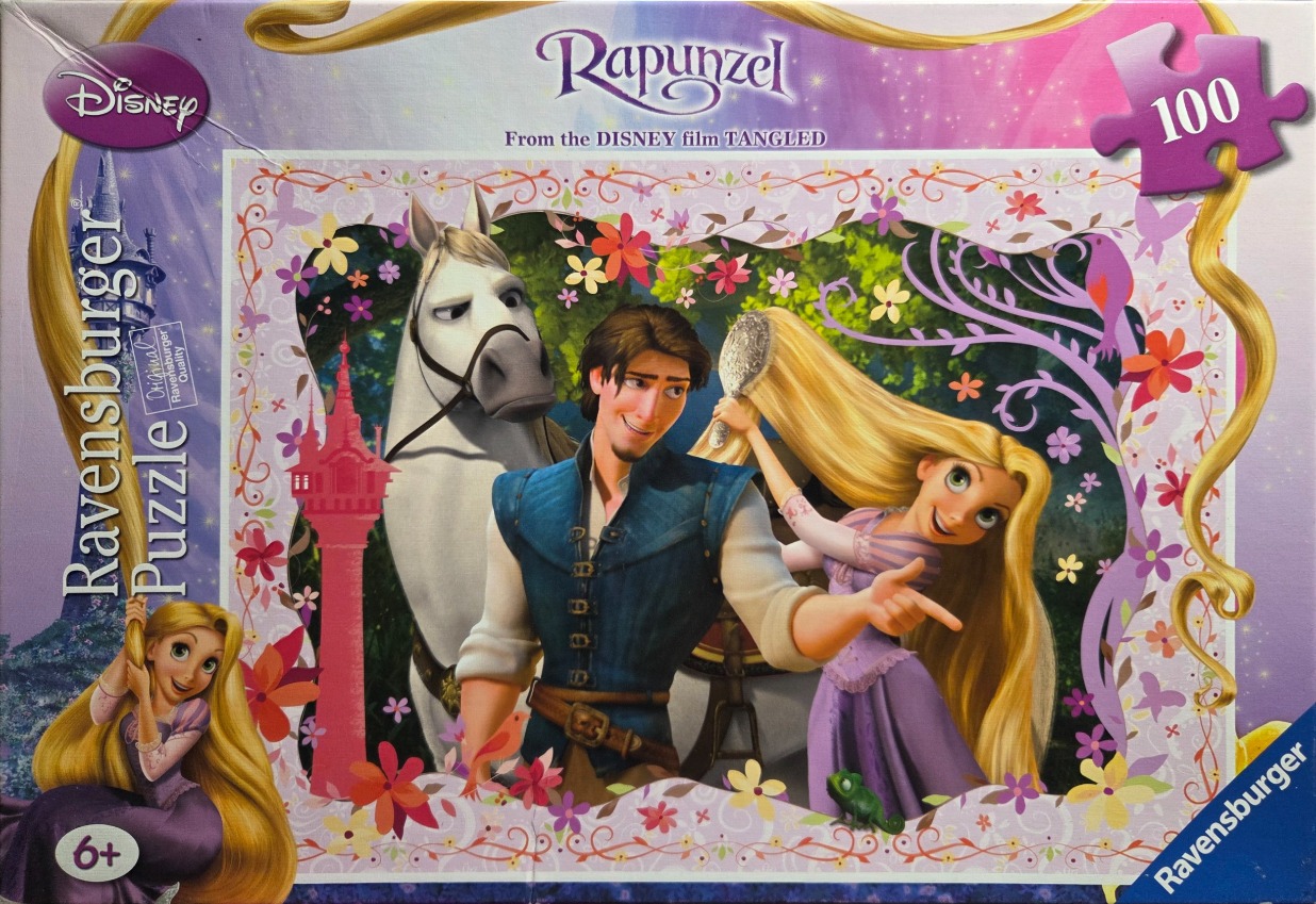 Rapunzel and Flynn Rider with Maximus the white horse in a magical forest setting.