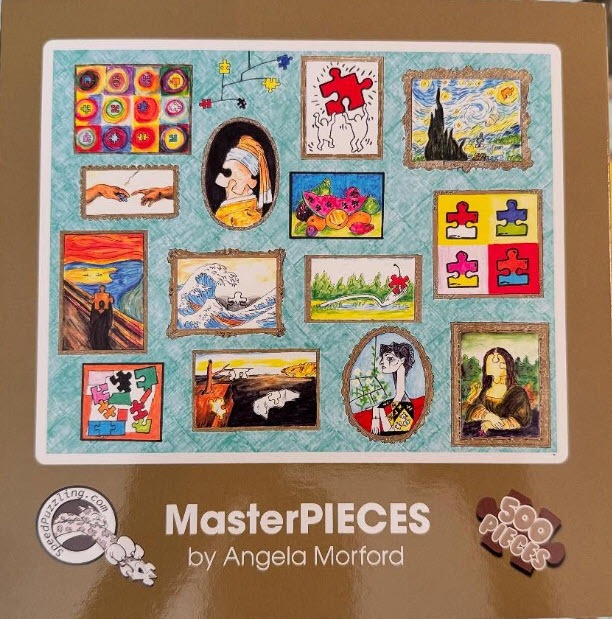 A collage of famous paintings reimagined with jigsaw puzzle elements against a textured blue background.