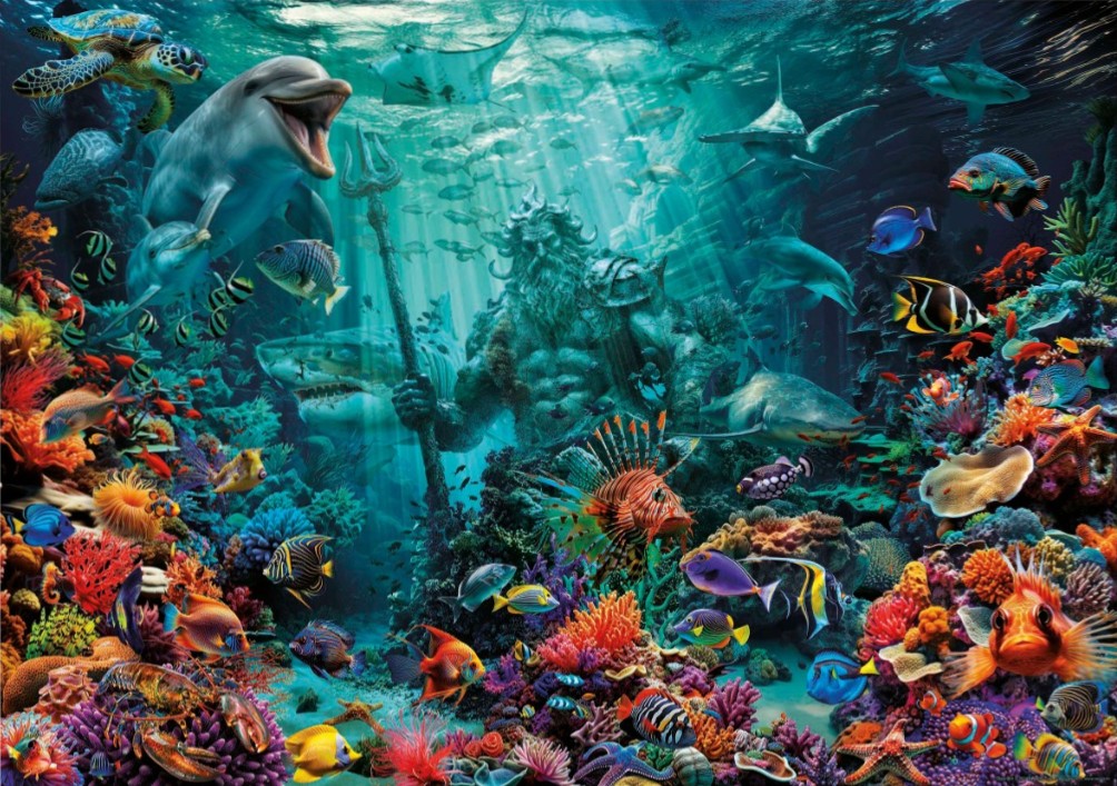 A statue of Poseidon standing amidst a vibrant coral reef filled with diverse marine life.