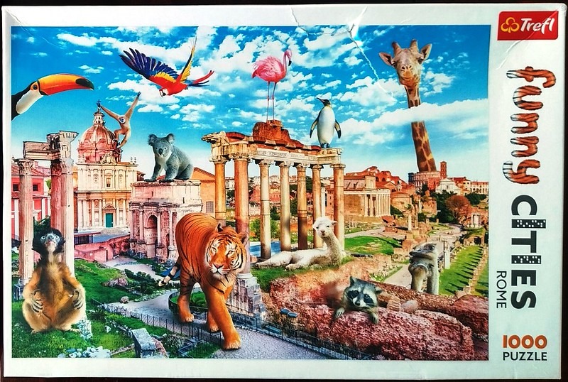A whimsical collage of wild animals superimposed over the ancient ruins of Rome under a bright blue sky.