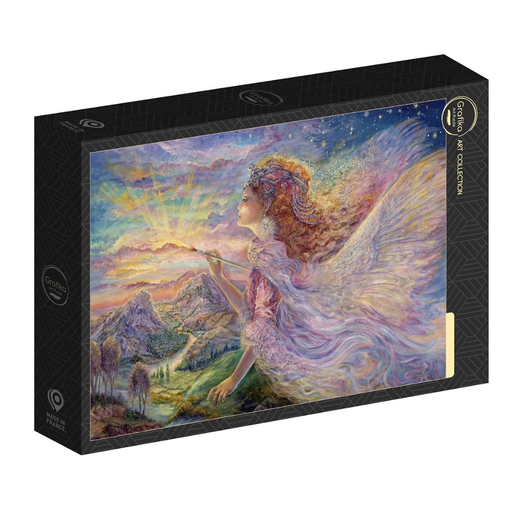 A fantasy illustration of a winged woman painting a sunrise over a mountainous valley.