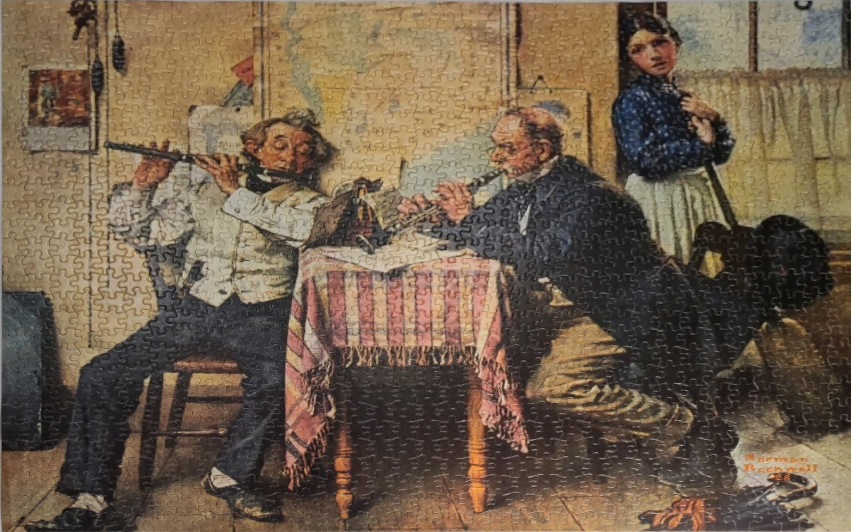 A painting of two men playing musical instruments at a table while a young woman looks on.