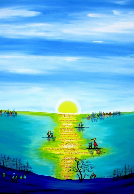 Stylized illustration of pairs of people on small floating platforms in a sunlit sea under a vast blue sky.