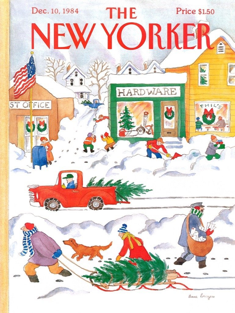 Illustration of a snowy town scene with a red truck, people pulling Christmas trees, and small town shops.