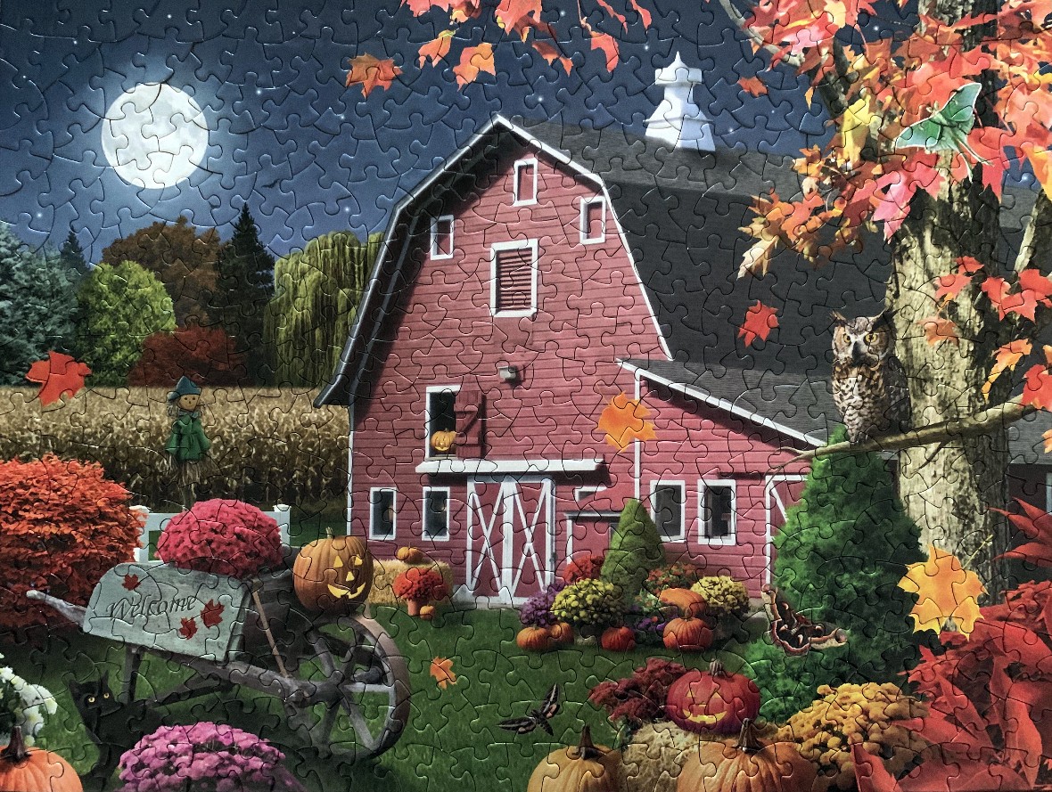 A red barn at night during autumn with pumpkins, a black cat, an owl, and a full moon.