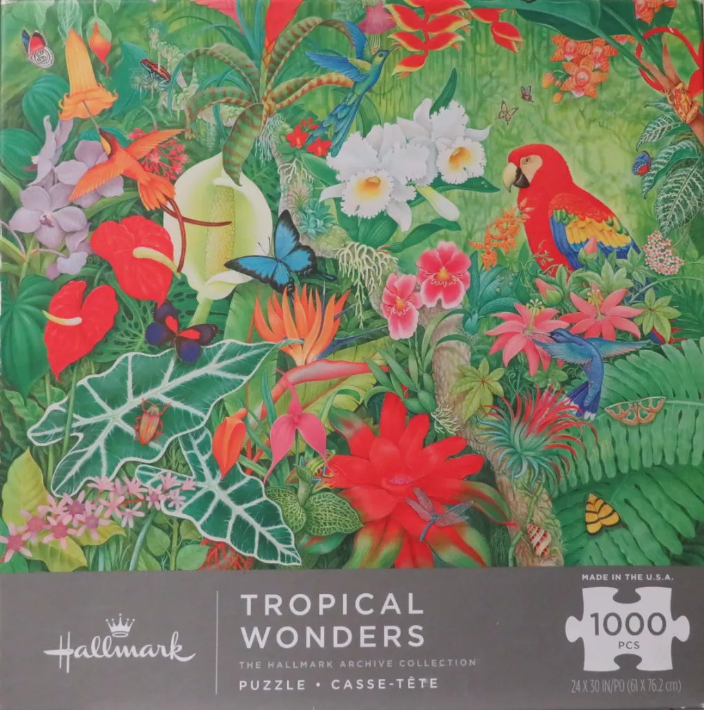 A lush tropical jungle scene filled with vibrant flowers, exotic birds, and colorful butterflies.