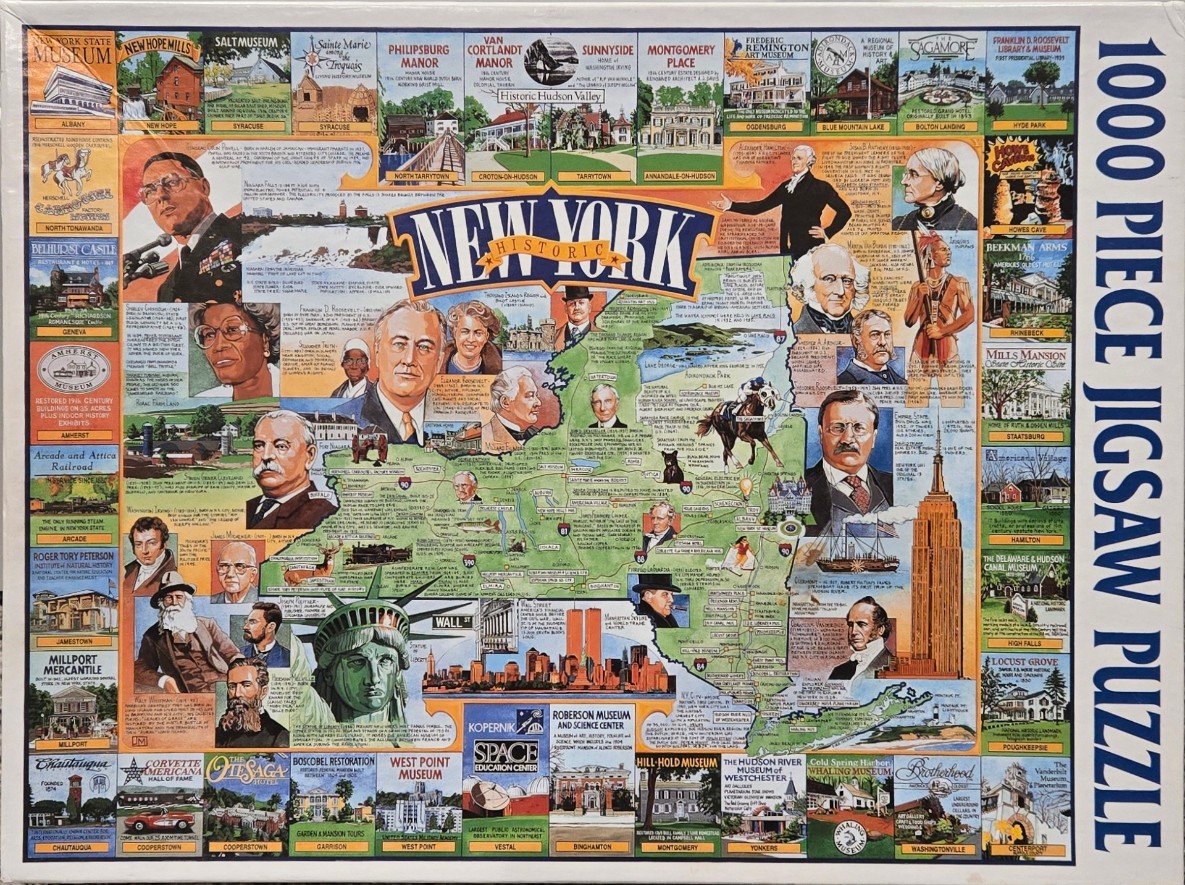 A collage-style illustrated map of New York State featuring historic landmarks and famous figures.