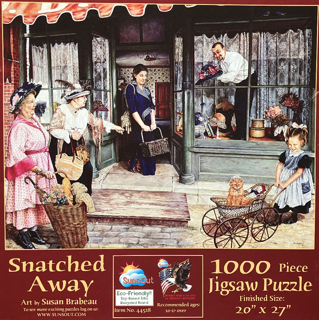 A nostalgic street scene featuring women shopping at a hat store as a man playfully steals a hat.