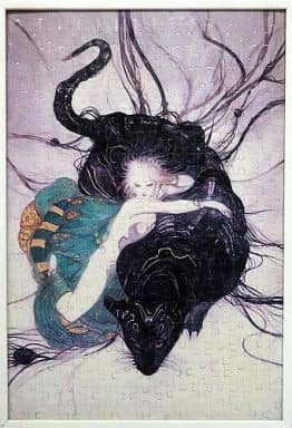 An ethereal woman embracing a large black panther against a pale lavender background.