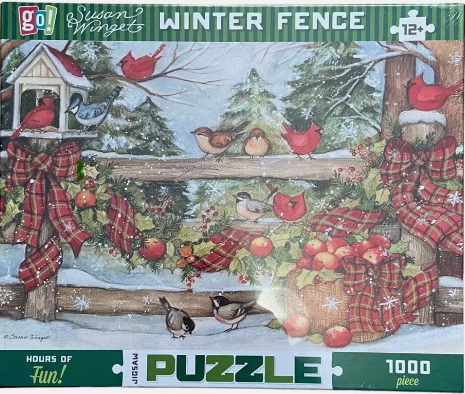 Illustration of various winter birds perched on a rustic wooden fence decorated with plaid ribbons and pine boughs.