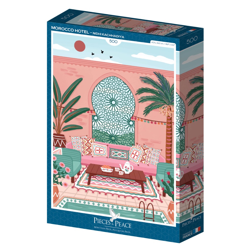 Illustration of a pink Moroccan-style hotel terrace with a lounge area, pool, and tropical plants.