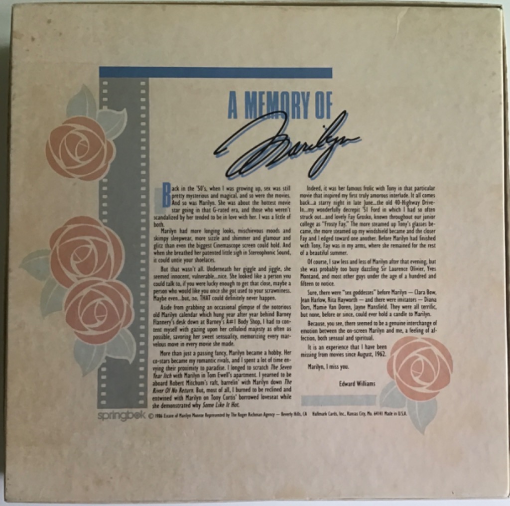 A Memory of Marilyn, with roses and film strip border.