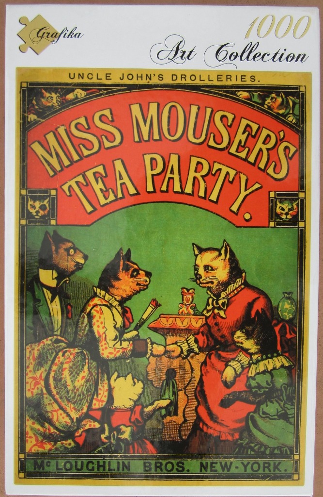 Vintage Victorian-style illustration titled Miss Mouser's Tea Party featuring anthropomorphic cats in period clothing.