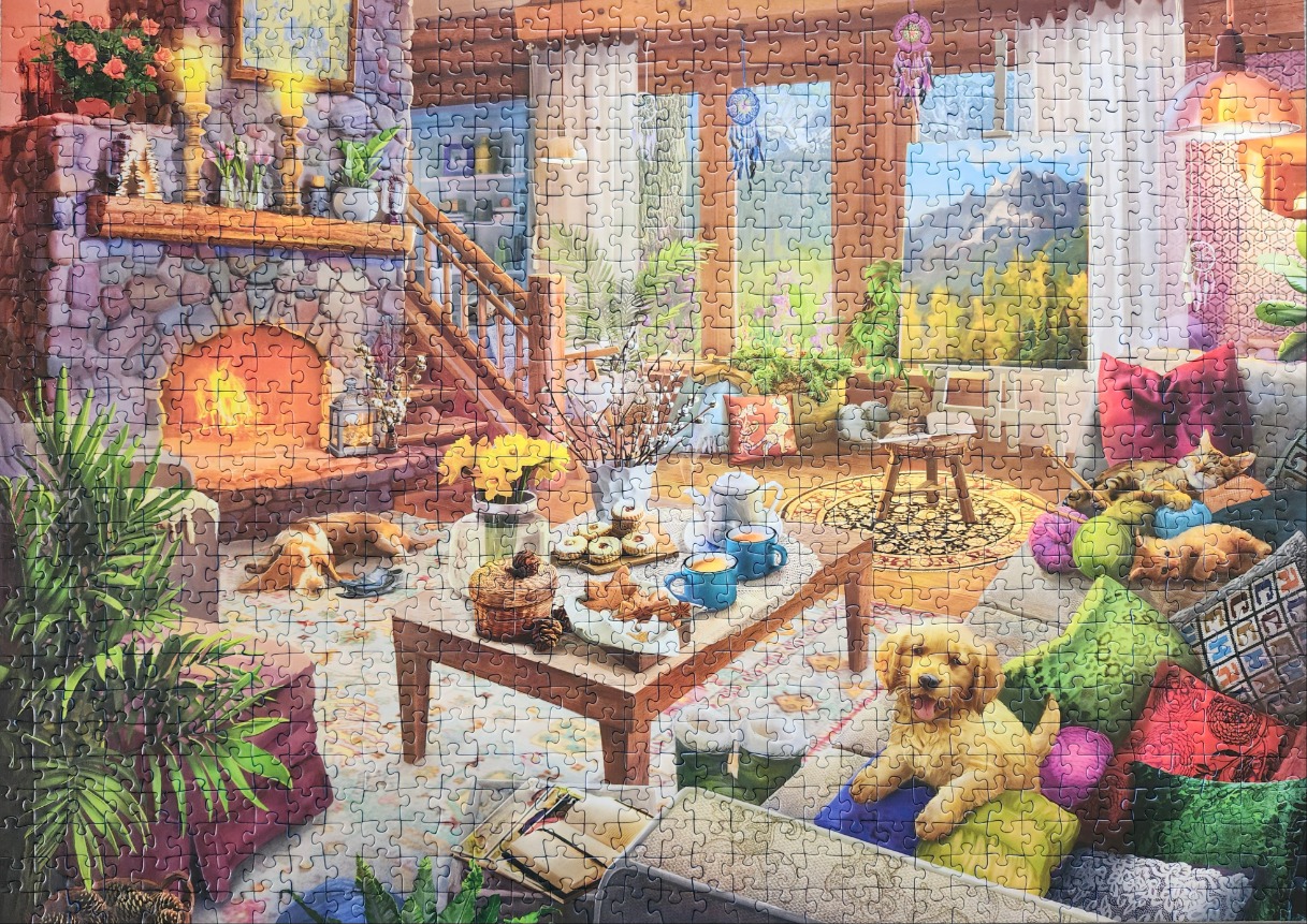 Cozy living room interior with a fireplace, golden retriever puppy, and cats by a sunlit window
