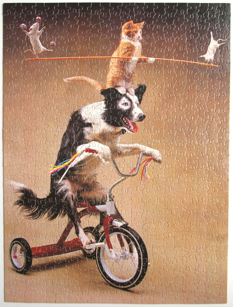A circus-themed photograph of a dog on a tricycle balancing a kitten and mice.
