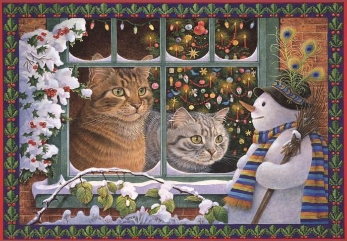 Two cats looking through a window at a snowman outside during the holidays.