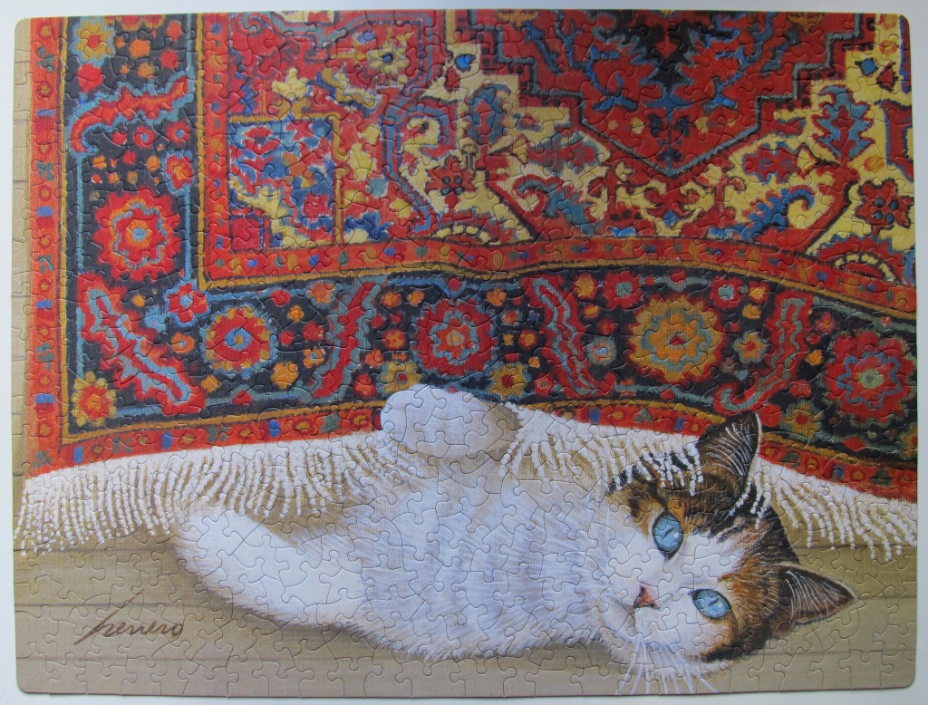 A painting of a calico cat resting on a wooden floor in front of an ornate, patterned Persian rug.