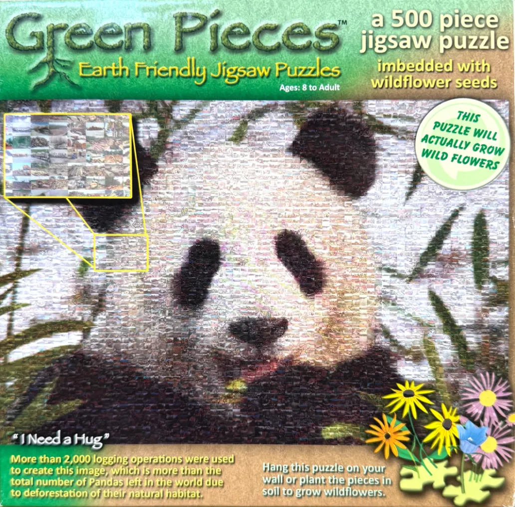 A photo mosaic of a giant panda made up of many small images of logging operations.