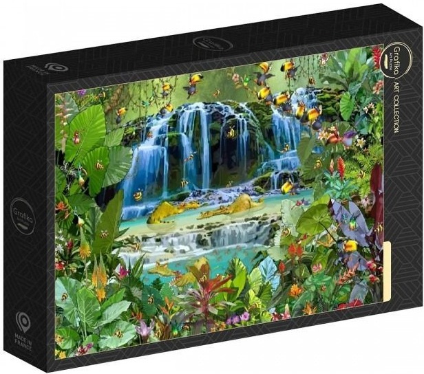 Lush tropical jungle waterfall scene with toucans and butterflies