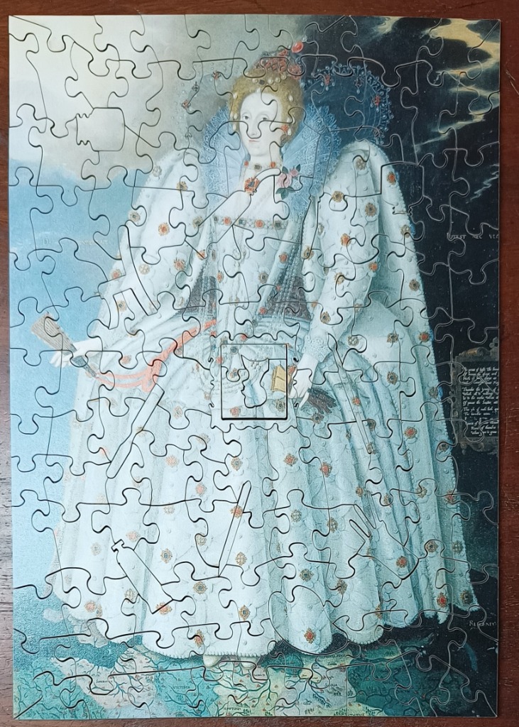 Portrait of Queen Elizabeth I standing on a map of England